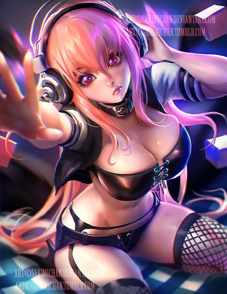 Anime picture 695x900 with nitroplus super sonico sakimichan single long hair tall image looking at viewer fringe breasts light erotic large breasts pink hair cleavage from above lips realistic short sleeves midriff kneeling text