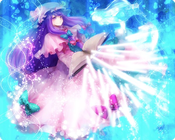Anime picture 1200x960 with touhou patchouli knowledge takahashi (te6-6ba) long hair blush purple eyes purple hair magic girl dress bow hat book (books)