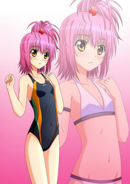 Anime picture 920x1300 with shugo chara! hinamori amu kenken tall image blush short hair light erotic brown eyes pink hair midriff zoom layer girl hair ornament swimsuit