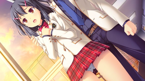 Anime picture 2560x1440 with melty moment fujibayashi misao highres short hair open mouth light erotic black hair wide image brown eyes game cg pantyshot girl boy skirt uniform underwear panties school uniform