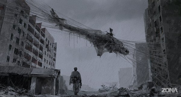 Anime picture 1200x649 with original alex andreev wide image standing from behind destruction boy uniform weapon gun building (buildings) military uniform aircraft thread helicopter bus stop garbage mi-24