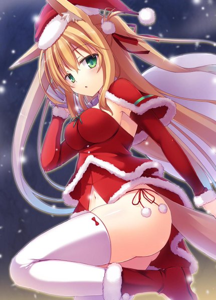 Anime picture 1024x1425 with original yuzu modoki single long hair tall image looking at viewer blush fringe breasts light erotic blonde hair hair between eyes large breasts twintails green eyes payot cleavage bent knee (knees) ass tail