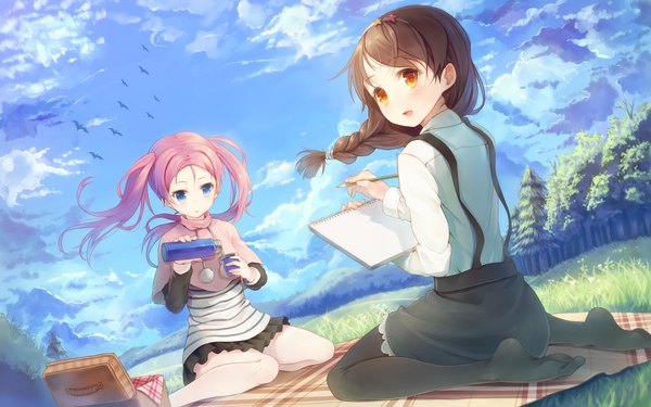 Anime picture 1920x1200 with your diary hirosaki kanade paseri long hair blush highres open mouth blue eyes brown hair wide image sitting twintails multiple girls pink hair cloud (clouds) girl 2 girls