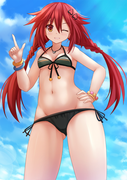 Anime picture 945x1337 with choujigen game neptune tennouboshi uzume kazenokaze single long hair tall image looking at viewer blush fringe light erotic hair between eyes sky cloud (clouds) red hair one eye closed wink orange eyes groin girl navel