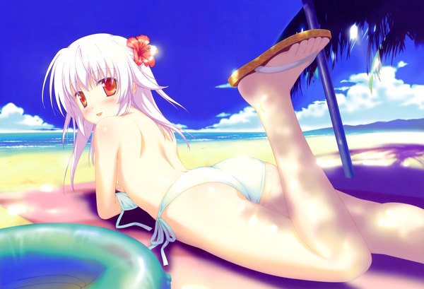 Anime picture 2800x1909 with hoshizora no memoria ototsu yume shida kazuhiro blush highres light erotic red eyes game cg ass white hair looking back hair flower beach back girl hair ornament swimsuit bikini white bikini