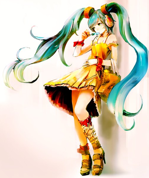 Anime picture 1200x1430 with vocaloid hatsune miku so-bin single tall image twintails bare shoulders very long hair aqua eyes aqua hair shadow tattoo high heels leaning girl dress hair ornament food sweets headphones