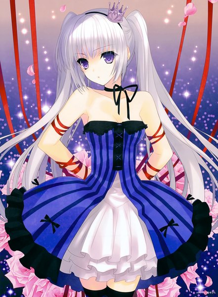 Anime picture 4072x5539 with original suzuhira hiro single long hair tall image highres twintails purple eyes bare shoulders absurdres white hair girl dress flower (flowers) petals crown