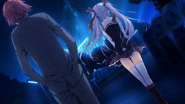 Anime picture 2560x1440 with reminiscence tagme (character) tomose shunsaku long hair highres short hair brown hair wide image twintails game cg silver hair night girl thighhighs boy skirt uniform school uniform miniskirt white thighhighs