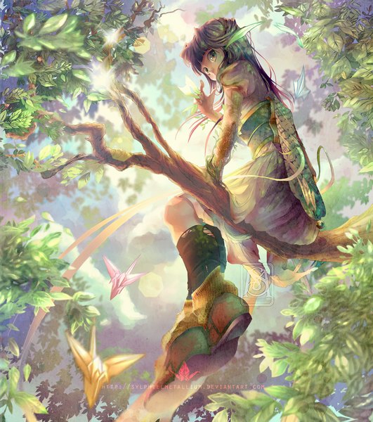 Anime picture 885x1000 with original sylphielmetallium long hair tall image looking at viewer fringe brown hair sitting brown eyes yellow eyes pink hair sky looking back sunlight from below torn clothes girl dress animal socks