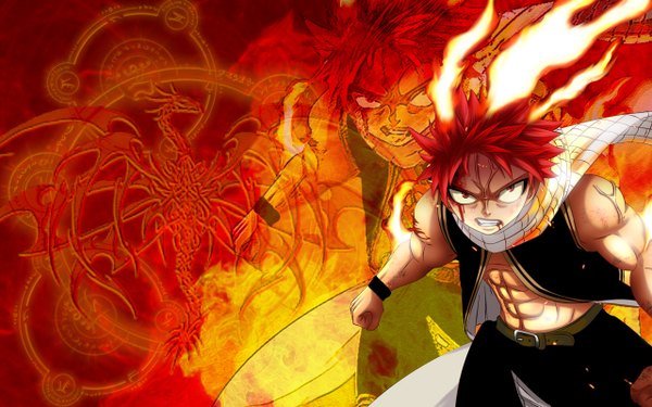 Anime picture 1280x800 with fairy tail natsu dragneel single short hair red eyes wide image red hair muscle zoom layer boy belt scarf blood fire dragon