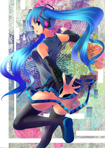 Anime picture 2149x3035 with vocaloid hatsune miku kobanzame single long hair tall image highres open mouth blue eyes twintails blue hair girl skirt detached sleeves miniskirt headphones