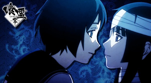 Anime picture 1440x800 with ga-rei zero isayama yomi tsuchimiya kagura wide image blue background multicolored girl