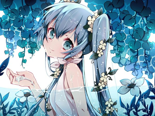 Anime picture 1024x768 with vocaloid hatsune miku fuu (07199382) single long hair looking at viewer blush fringe smile twintails bare shoulders blue hair hair flower aqua eyes wet partially submerged girl hair ornament flower (flowers) plant (plants)