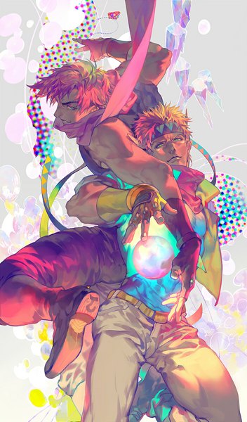 Anime picture 700x1190 with jojo no kimyou na bouken joseph joestar (young) caesar anthonio zeppeli coralstone tall image looking at viewer short hair blonde hair bare shoulders green eyes pink hair bent knee (knees) profile multiple boys outstretched arm magic boy gloves hairband scarf
