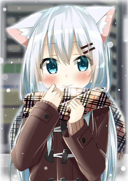 Anime picture 1253x1770 with original cacao (chocolat) single long hair tall image looking at viewer blush fringe blue eyes smile hair between eyes animal ears upper body white hair blurry cat ears cat girl embarrassed snowing exhalation