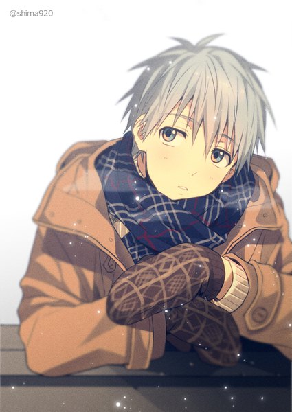 Anime picture 600x847 with kuroko no basket production i.g kuroko tetsuya mashima shima single tall image fringe short hair simple background hair between eyes white background signed looking away grey hair grey eyes snowing boy scarf coat winter clothes