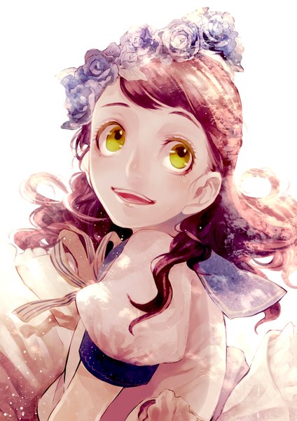 Anime picture 2893x4092 with original fasna single long hair tall image highres open mouth smile brown hair yellow eyes looking away short sleeves girl uniform flower (flowers) ribbon (ribbons) school uniform rose (roses) wreath