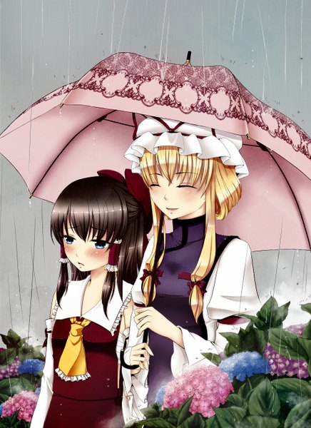 Anime picture 1000x1376 with touhou hakurei reimu yakumo yukari geike long hair tall image blush blonde hair brown hair multiple girls eyes closed rain shared umbrella girl dress flower (flowers) bow 2 girls hair bow detached sleeves