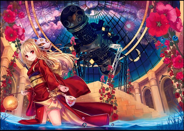 Anime picture 2039x1450 with original hachi404 single long hair looking at viewer blush highres blonde hair red eyes sky traditional clothes japanese clothes night night sky crescent fireworks girl flower (flowers) animal water