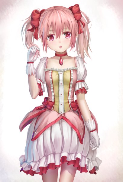 Anime picture 1359x2000 with mahou shoujo madoka magica shaft (studio) kaname madoka aki99 single tall image looking at viewer blush short hair open mouth simple background twintails pink hair pink eyes short twintails girl dress gloves bow hair bow