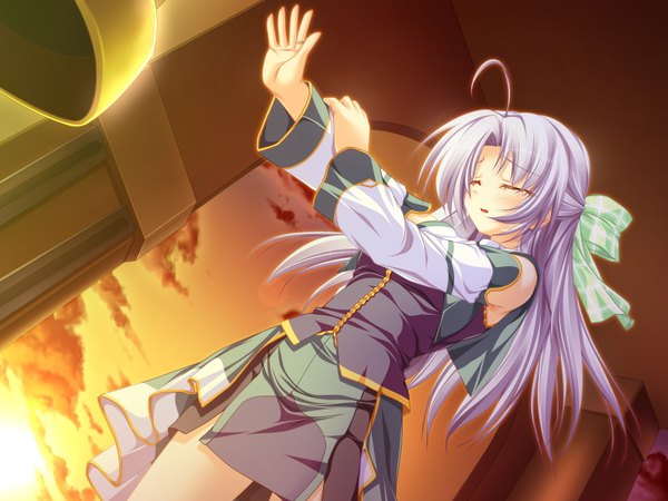 Anime picture 1600x1200 with magus tale whirlpool (studio) alicia infans tenmaso long hair open mouth game cg sky purple hair ahoge eyes closed tears evening sunset girl bow hair bow ring