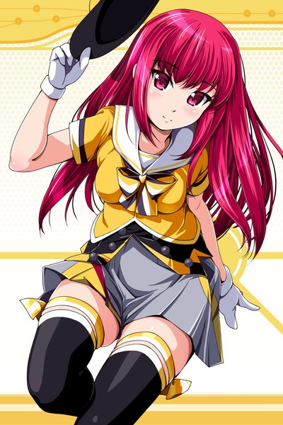 Anime picture 800x1200 with beatmania beatmania iidx matsunaga kouyou single long hair tall image looking at viewer blush smile red eyes red hair girl thighhighs dress gloves white thighhighs white gloves