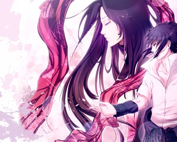 Anime picture 1280x1024 with naruto studio pierrot naruto (series) uchiha sasuke kivi1230 long hair short hair black hair eyes closed traditional clothes profile wind black eyes girl boy shirt petals neckerchief armband