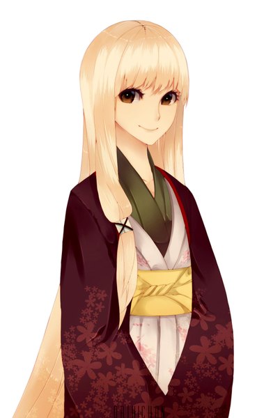 Anime picture 1228x1992 with original persona92 (orichie) single tall image looking at viewer simple background blonde hair smile white background brown eyes very long hair traditional clothes japanese clothes profile lips girl kimono