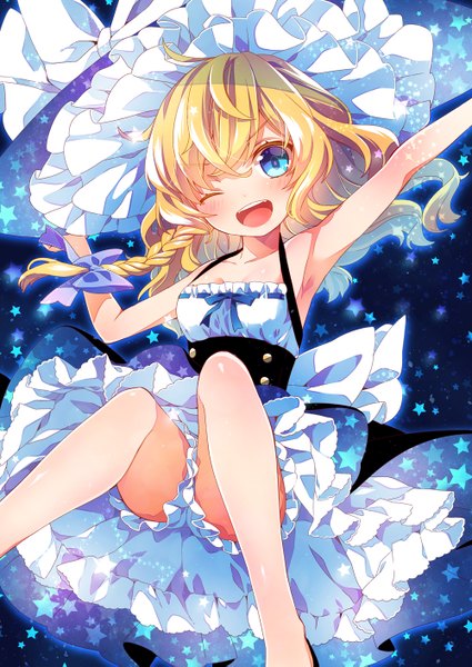 Anime picture 1000x1411 with touhou kirisame marisa moru single long hair tall image looking at viewer blush open mouth blonde hair braid (braids) one eye closed wink single braid witch girl dress bow hair bow hat
