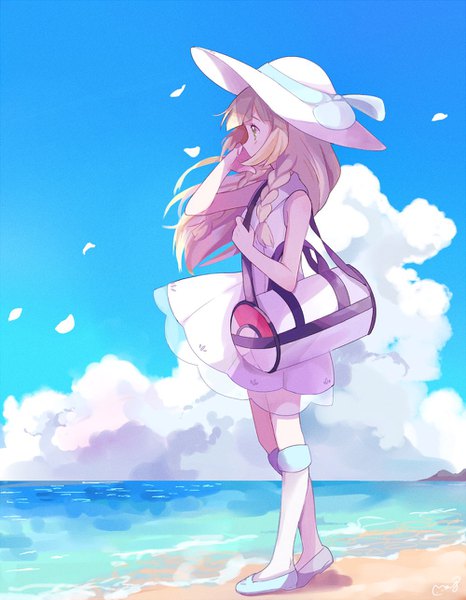 Anime picture 1000x1285 with pokemon pokemon sm nintendo lillie (pokemon) mei (maysroom) single long hair tall image fringe blonde hair standing yellow eyes looking away sky cloud (clouds) full body braid (braids) profile wind beach