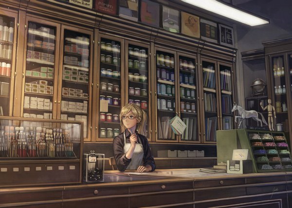 Anime picture 4162x2963 with original anbe yoshirou single long hair fringe highres blue eyes blonde hair smile looking away absurdres ponytail indoors long sleeves girl shirt glasses apron paper picture