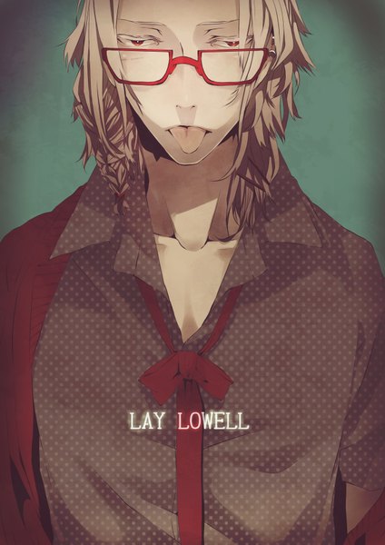 Anime picture 2480x3507 with original fasna single tall image looking at viewer highres short hair open mouth simple background red eyes brown hair braid (braids) off shoulder inscription piercing open collar polka dot boy bow ribbon (ribbons)