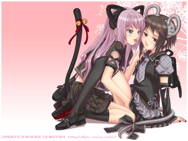 Anime picture 1600x1200 with shiizaki hinaki blush highres light erotic brown hair multiple girls animal ears purple hair tail cat ears shoujo ai new year gothic mouse ears 2008 girl hair ornament ribbon (ribbons) 2 girls necktie