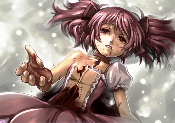 Anime picture 1500x1061 with mahou shoujo madoka magica shaft (studio) kaname madoka hamoto single twintails bare shoulders pink hair lying tears torn clothes outstretched arm short twintails girl dress blood collar locket