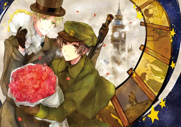 Anime picture 1285x906 with axis powers hetalia studio deen united kingdom (hetalia) japan (hetalia) black hair blonde hair green eyes black eyes smoke gloves flower (flowers) hat coat cap bouquet neckerchief top hat london