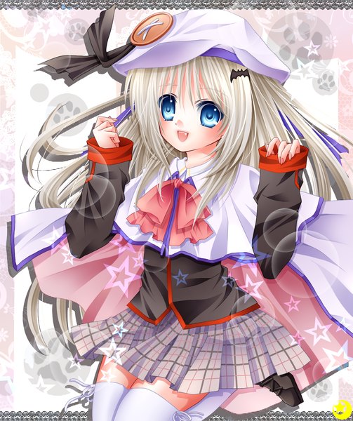 Anime picture 1300x1550 with little busters! key (studio) noumi kudryavka midzuki single long hair tall image looking at viewer open mouth blue eyes white hair loli zettai ryouiki girl thighhighs skirt white thighhighs star (symbol) cape beret