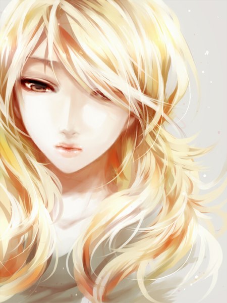 Anime picture 600x800 with original matsunaka hiro single long hair tall image fringe blonde hair brown eyes hair over one eye looking down face girl