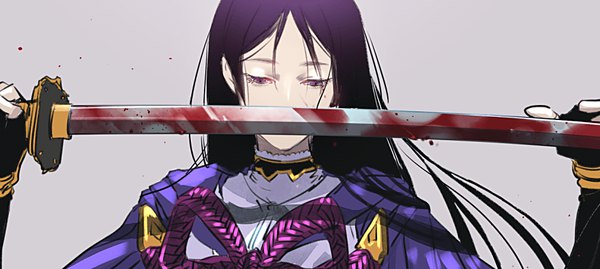 Anime picture 953x428 with fate (series) fate/grand order minamoto no raikou (fate) tenobe single long hair simple background wide image purple eyes purple hair upper body grey background looking down covered mouth bloody weapon girl weapon sword katana blood