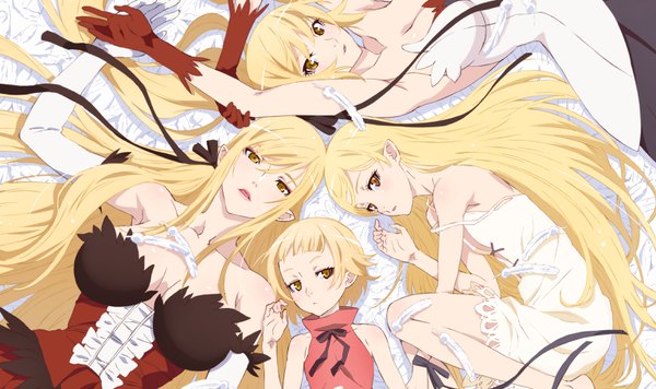 Anime picture 3072x1824 with bakemonogatari kizumonogatari shaft (studio) monogatari (series) oshino shinobu kissshot acerolaorion heartunderblade long hair looking at viewer fringe highres short hair breasts blonde hair wide image bare shoulders multiple girls yellow eyes cleavage lying pointy ears