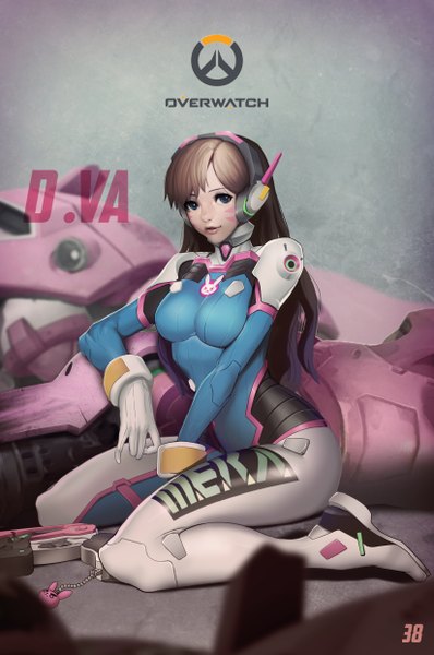 Anime picture 3296x4961 with overwatch blizzard entertainment d.va (overwatch) meka (overwatch) jacsplus 38 single long hair tall image looking at viewer highres blue eyes brown hair sitting absurdres full body parted lips copyright name character names facial mark wariza