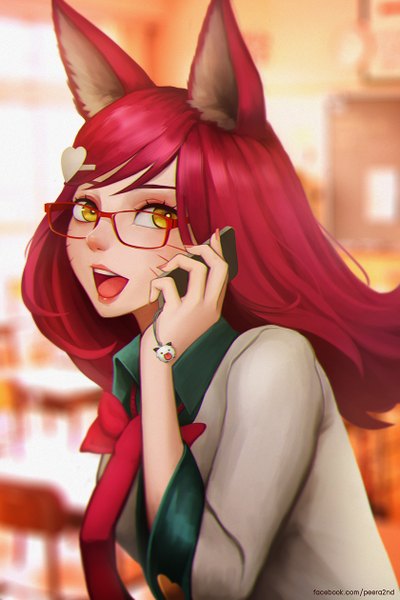 Anime picture 840x1260 with league of legends ahri (league of legends) academy ahri (league of legends) sanilea single long hair tall image looking at viewer fringe open mouth smile holding signed animal ears yellow eyes upper body red hair fingernails teeth fox ears