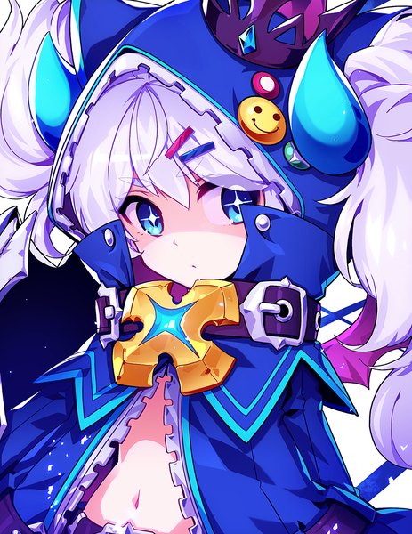 Anime picture 864x1120 with elsword luciela r. sourcream (elsword) hwansang single long hair tall image looking at viewer fringe blue eyes simple background hair between eyes white background twintails payot silver hair upper body head tilt horn (horns) bare belly :o