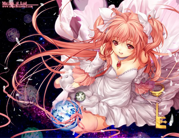 Anime picture 943x729 with mahou shoujo madoka magica shaft (studio) kaname madoka goddess madoka kaze-hime single blush open mouth twintails signed looking away pink hair ahoge very long hair pink eyes from above space girl thighhighs dress