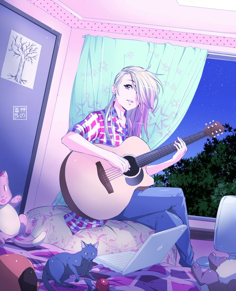 Anime picture 1024x1262 with real life paula landucci eudetenis single tall image fringe sitting purple eyes looking away pink hair white hair indoors pink eyes multicolored hair hair over one eye night two-tone hair dutch angle crossed legs watermark