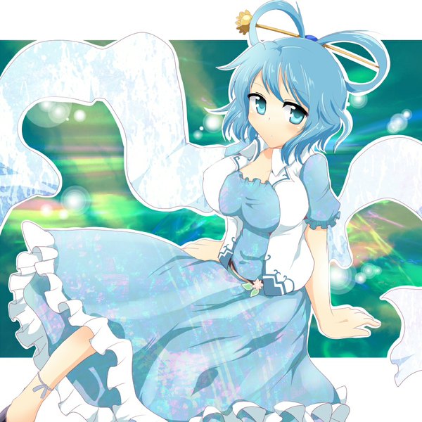 Anime picture 1024x1024 with touhou kaku seiga wedge single short hair blue eyes blue hair girl dress