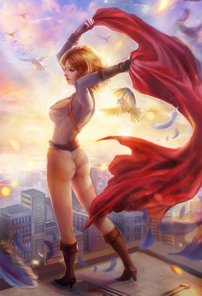 Anime picture 1024x1499 with dc comics power girl jiuge single tall image short hair light erotic sky cloud (clouds) profile aqua eyes lips sunlight orange hair realistic city cityscape superhero girl animal