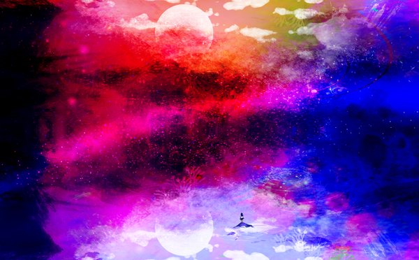 Anime picture 1521x944 with original kazaana single long hair wide image standing sky cloud (clouds) wind reflection abstract girl water moon full moon