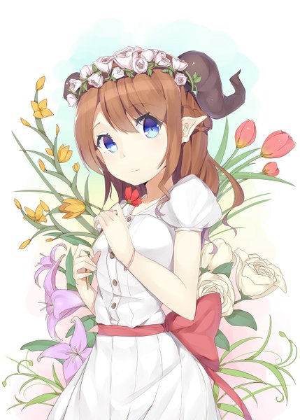 Anime picture 1072x1500 with original kuroito (snowflyer) single long hair tall image looking at viewer blue eyes brown hair hair flower horn (horns) pointy ears girl dress hair ornament flower (flowers) bow plant (plants) white dress