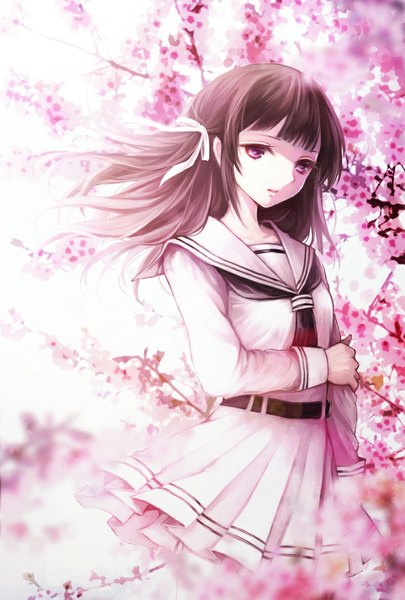 Anime picture 800x1185 with original awa toka single long hair tall image black hair purple eyes cherry blossoms girl skirt uniform flower (flowers) plant (plants) tree (trees) serafuku