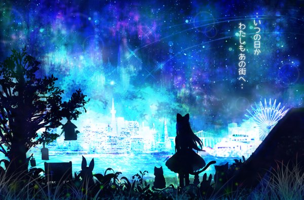 Anime picture 3157x2075 with original sakura oriko long hair highres animal ears looking away absurdres tail animal tail from behind cat ears cat girl cat tail city hieroglyph scenic city lights silhouette meteor rain girl